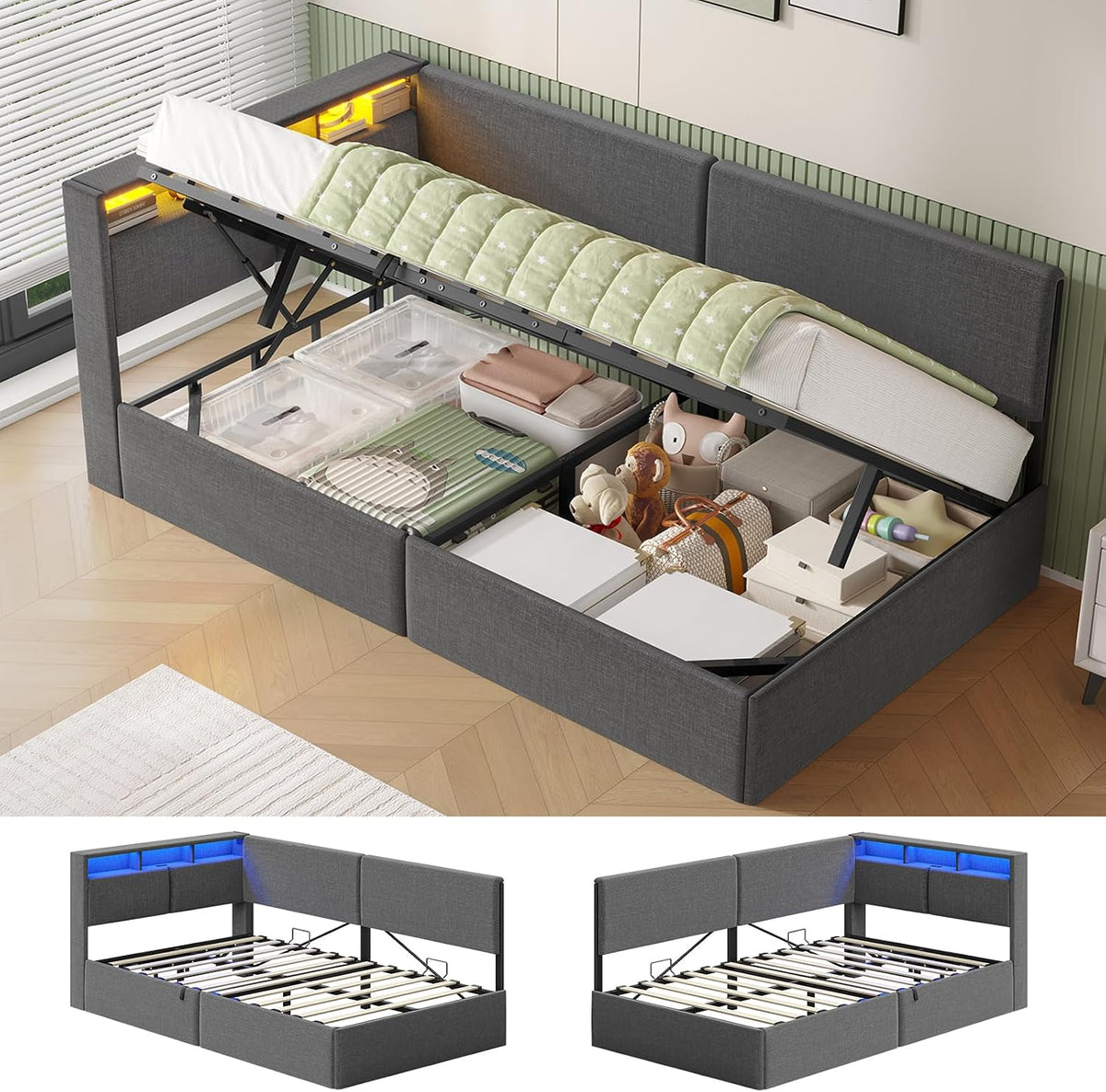 Cama, AOGLLATI, Polsterbett, com iluminação LED, com comando à distância, sem colchão, DunkelCinzento, para o quarto
