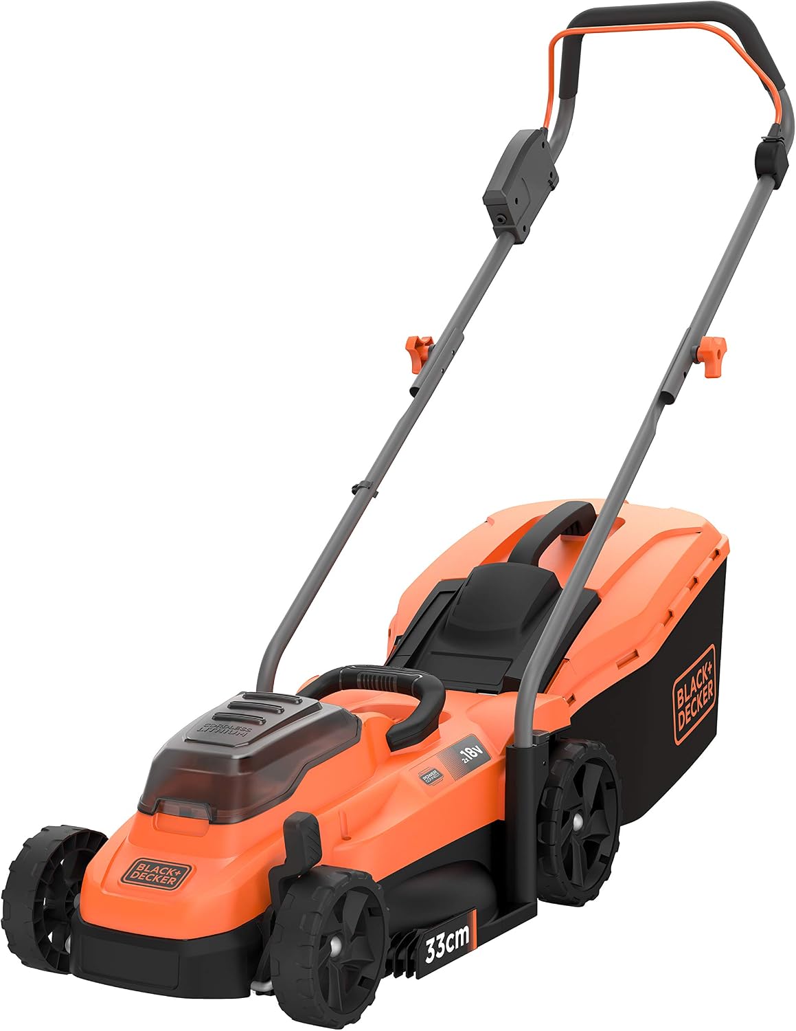 Corta-relva, BLACK+DECKER, Rasenm, 18V, 33 cm, 35 l, dobrável, Laranja / Preto, para utilização no exterior