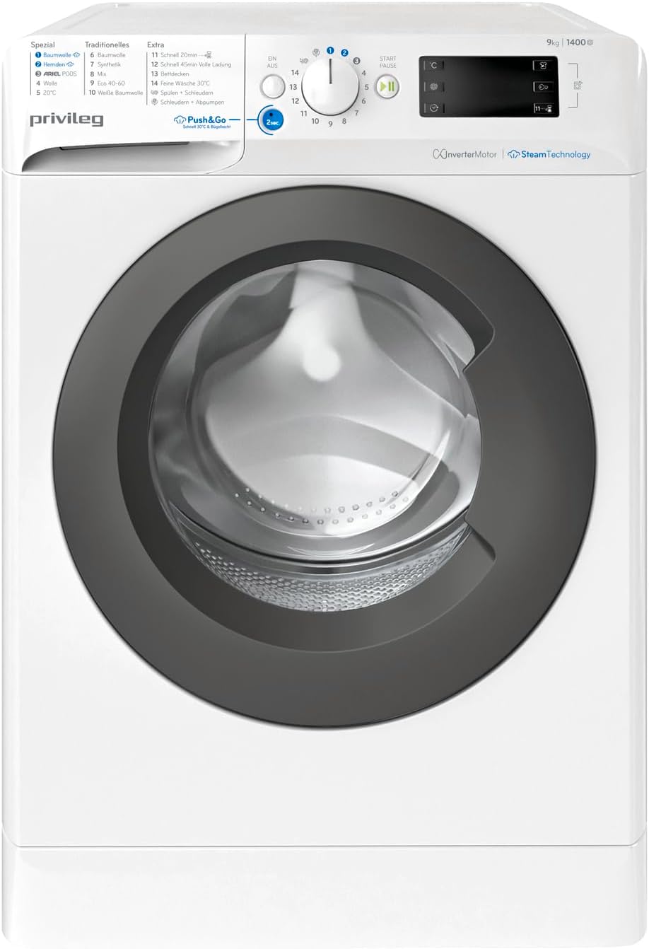 Máquina de lavar roupa, Privileg, PWFV, 1400 U/min, 9 kg, algodão, Branco / Preto, para uso diário