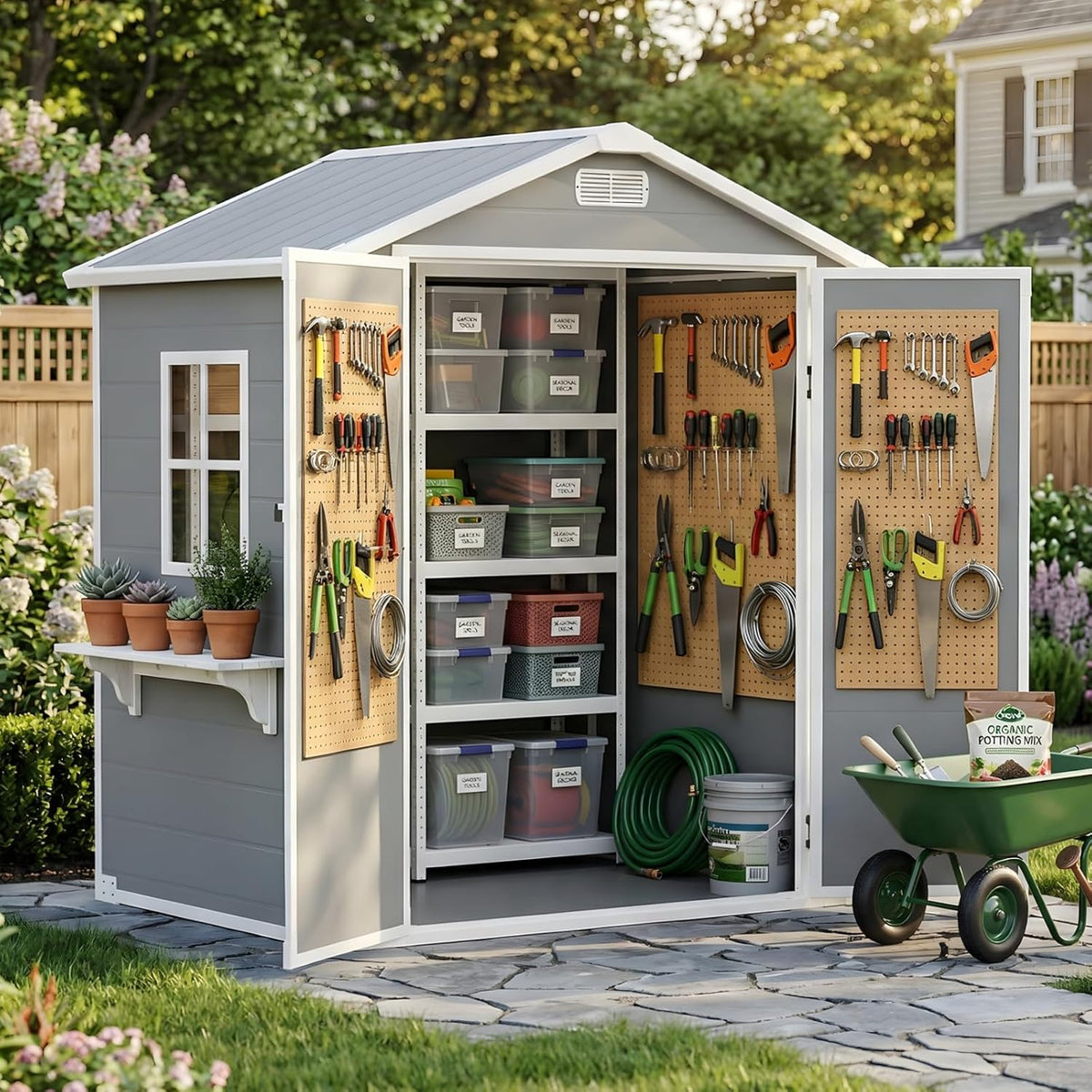 Abrigo de jardim, AIRAJ, Gartenhaus, 201 × 171 × 129cm, madeira, plástico, Cinzento / Branco, para utilização no exterior