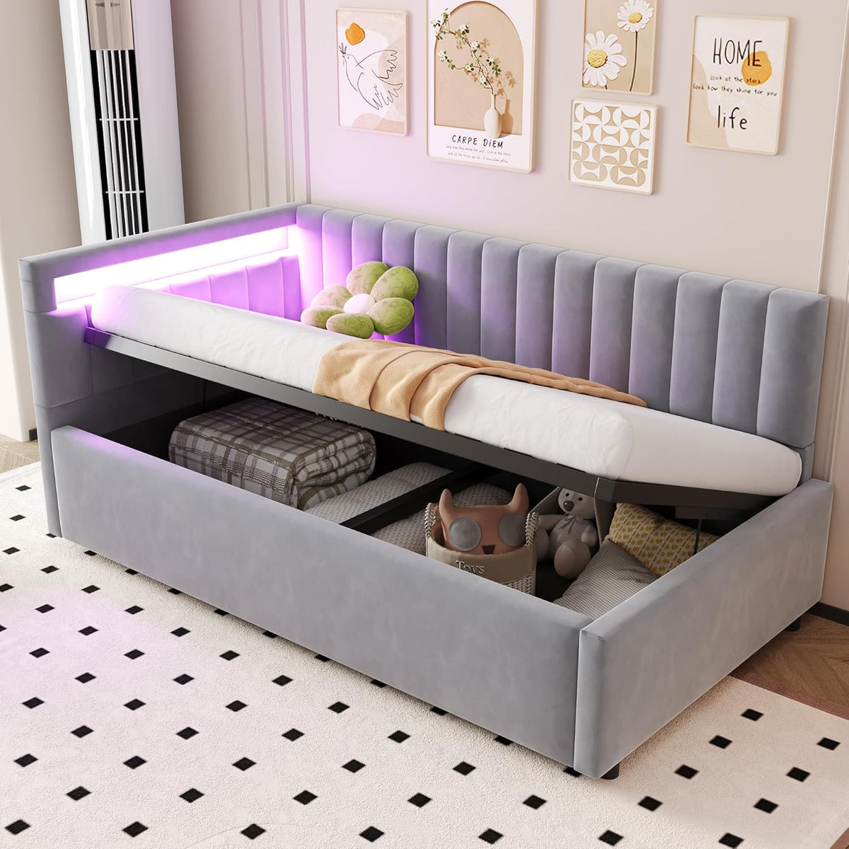 Cama, ANIROY, Kinderbett, 200 cm, 90 × 200 cm, 120 kg, regulável, com iluminação LED, sem colchão, HellCinzento, para o quarto