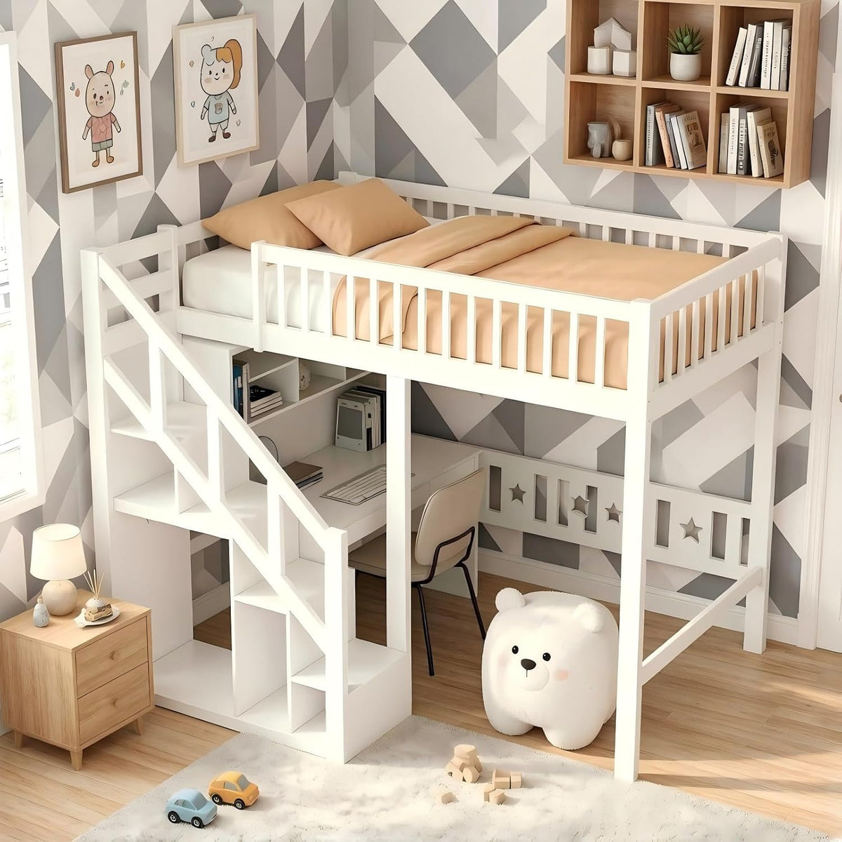 Cama, Teahutty, 90 × 200 cm, com prateleiras, madeira, Branco / Bege, para o quarto