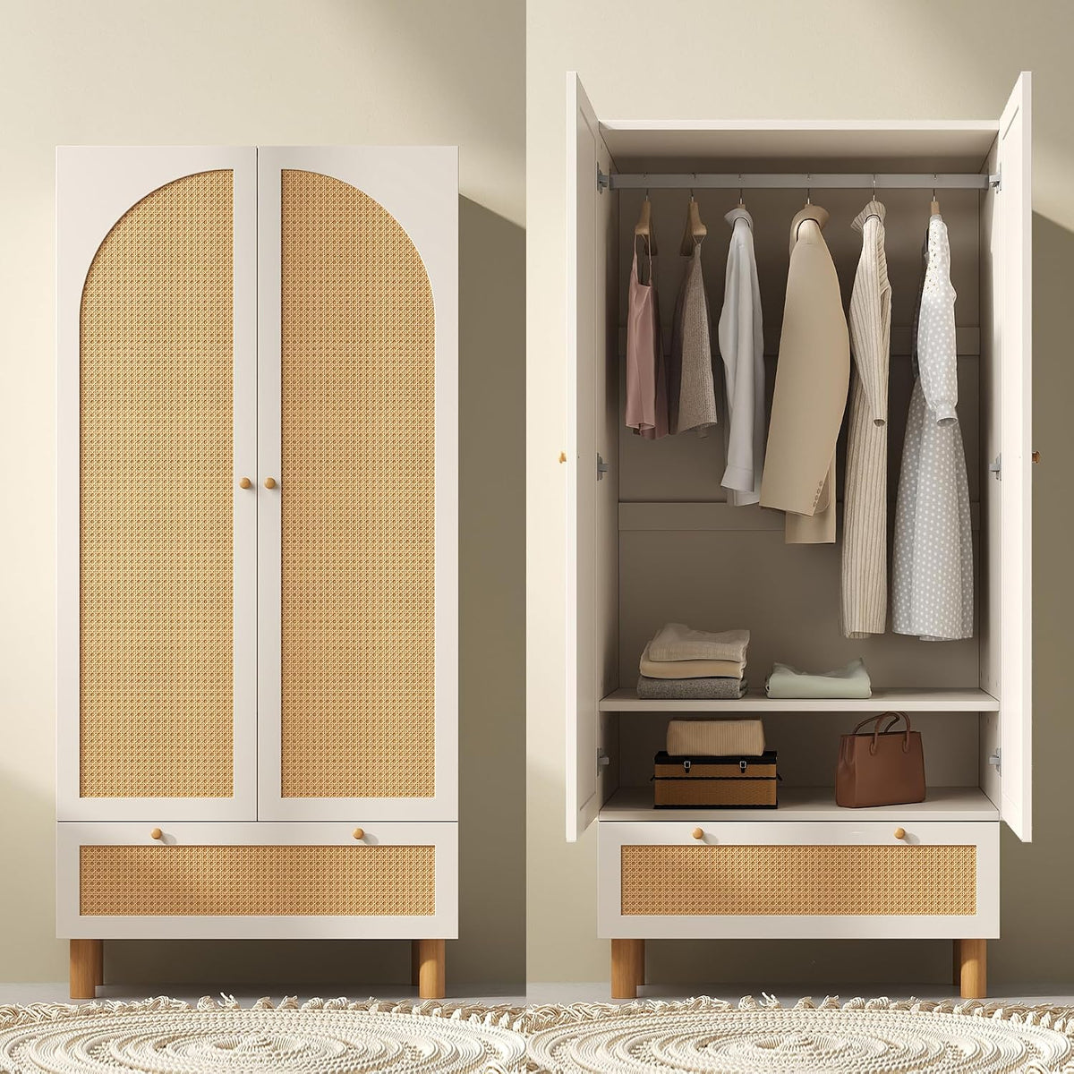 Roupeiro, Gelukueub, 180 × 85 × 52 cm, 11.5 cm, 11 cm, 77 × 34 × 11.5 cm, altura regulável, regulável, com gavetas, madeira, ratã, Branco / Natural