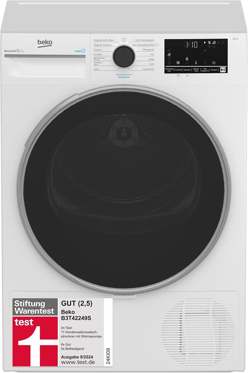 Beko, Máquina de secar roupa, B3T42249S, 8 kg, 15 programas, aço inoxidável, aço, Branco, para uso diário