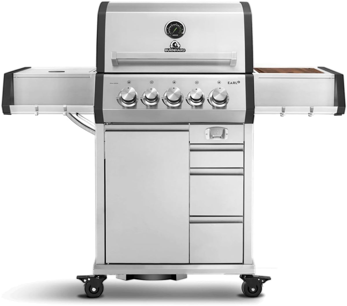Grelhador a gás, BURNHARD, Gasgrill, 11 kg, 6 l, dobrável, com rodas, aço inoxidável, aço, Prateado / Preto, para utilização no exterior