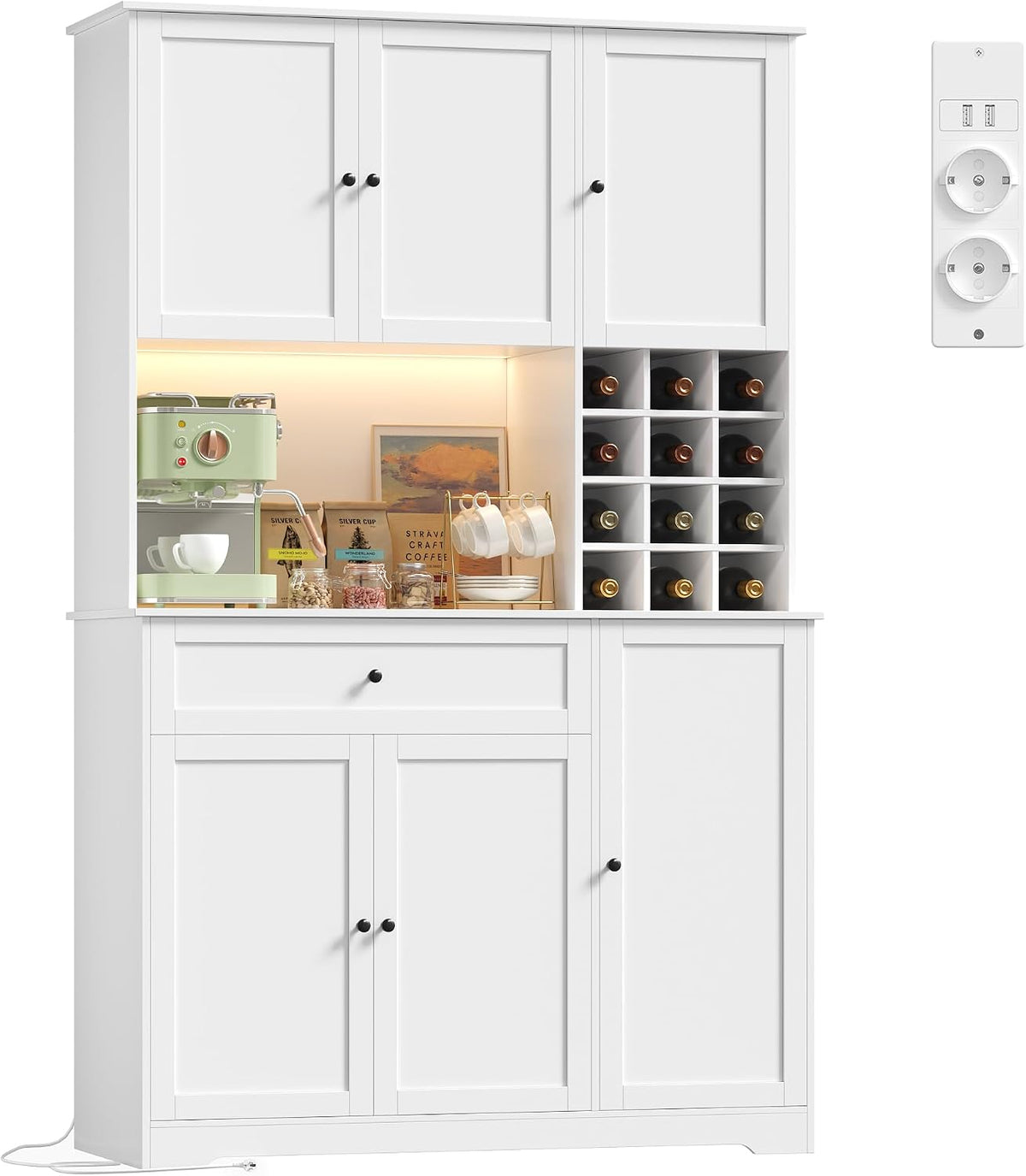 Aparador, FirFurd, 180cm, 180 × 100 × 39cm, com iluminação LED, com prateleiras, com portas, Branco, para uso diário