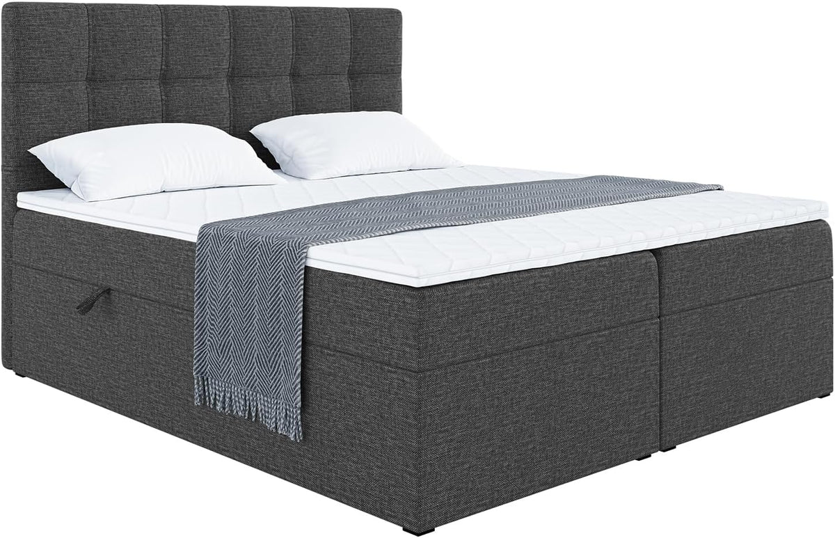 Cama box spring, MEBLINI, Boxspringbett, 4 cm, com colchão, DunkelCinzento / Branco, para o quarto