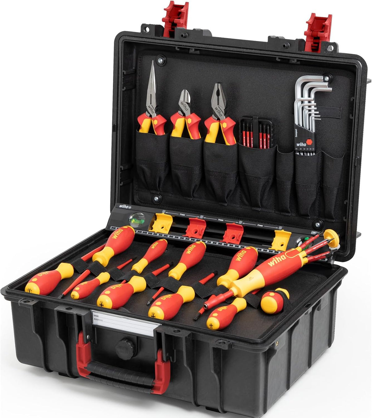 Conjunto de ferramentas, Wiha, Lehrlingskoffer, 3 cm, 10.000 V, 1000 V, 20 L, 14 kg, resistente à água, aço, Vermelho / Preto / Amarelo