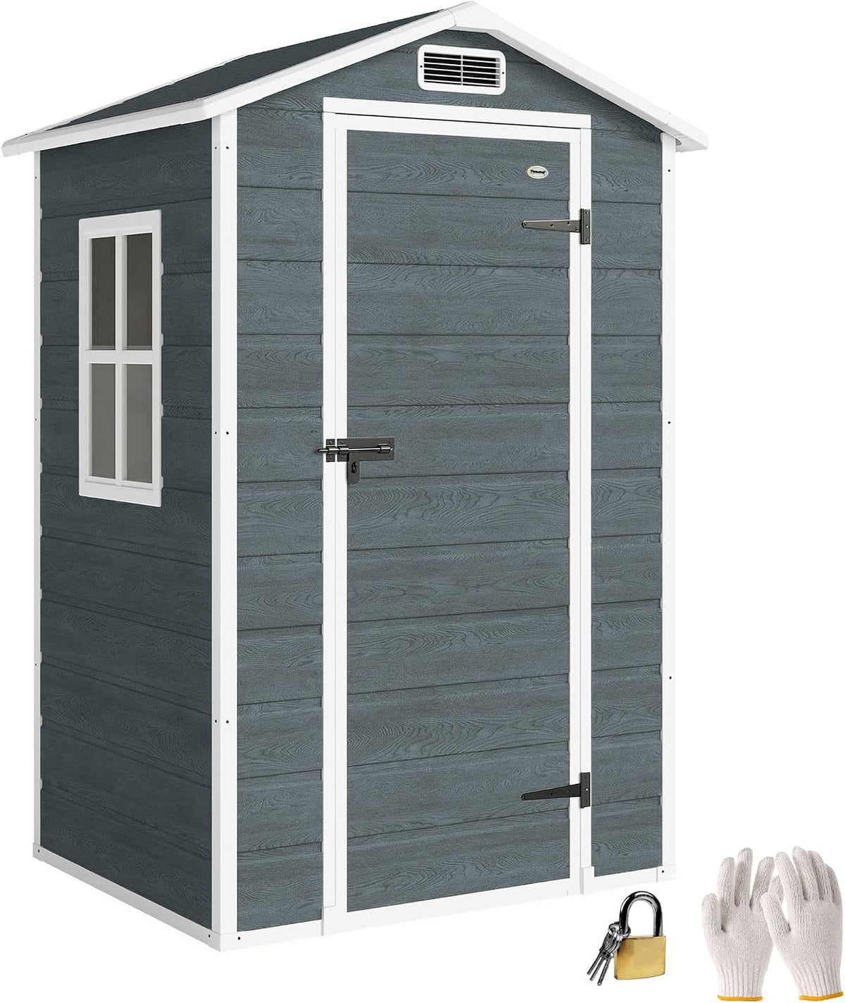 Abrigo de jardim, Outsunny, Ger, 196 cm, 128 × 104 × 196 cm, 104 cm, 84 cm, 40 kg, madeira, plástico, Cinzento / Branco, para utilização no exterior