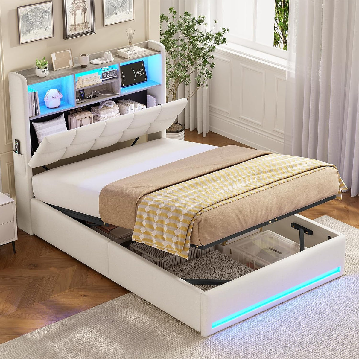Cama, AOGLLATI, Polsterbett, 200cm, 90 × 200cm, 30 cm, com iluminação LED, com comando à distância, com prateleiras, Bege, para o quarto