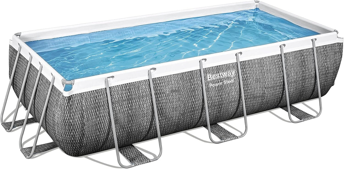 Piscina com estrutura metálica, Bestway, Power, 100 cm, 404 × 201 × 100 cm, 107 cm, 2.006 l/h, aço, ratã, Cinzento / Branco
