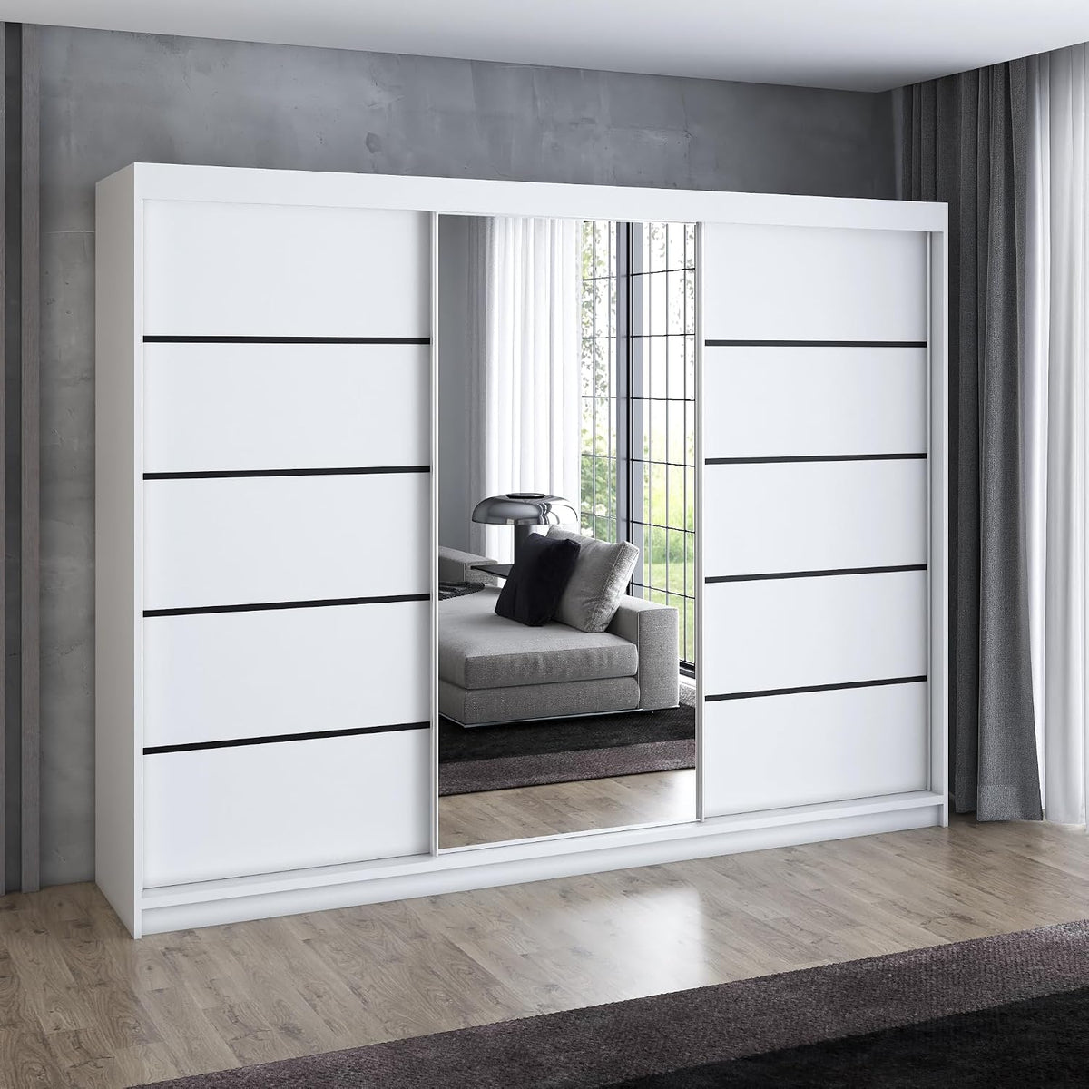 Roupeiro, A&J MöbelLand, Schwebet, 200 cm, 215 cm, com gavetas, com portas, alumínio, Branco, para o quarto