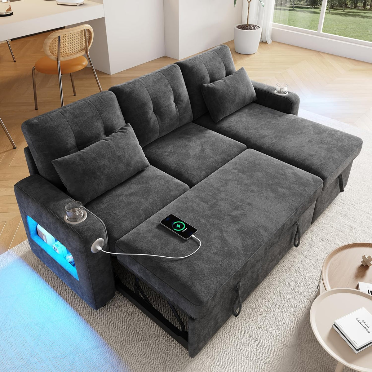 Sofá, Merax, Sofa, 85 cm, 206 × 131 × 85 cm, com iluminação LED, com comando à distância, com prateleiras, aço inoxidável, aço, Cinzento, para a sala