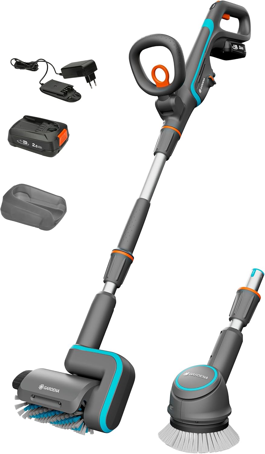 Escova de limpeza, Gardena, Akku-Multi-Reiniger, 18V, regulável, Cinzento / Azul / Laranja, para uso diário