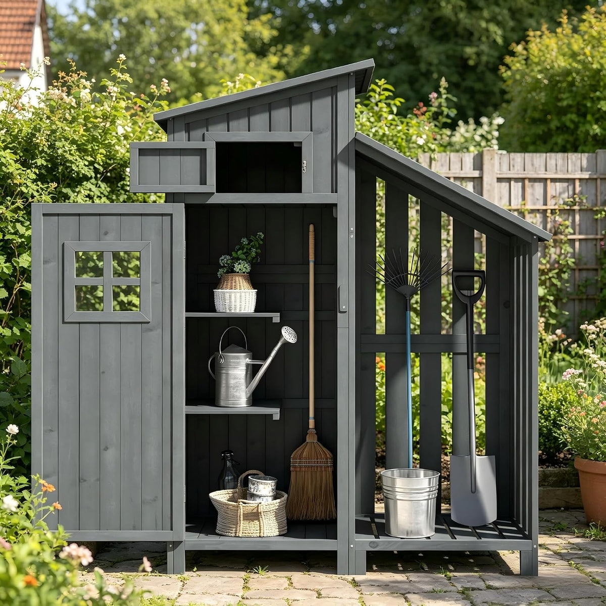 Abrigo de jardim, Su & Chan Legence, Holzger, 174 cm, 124 × 46 × 174 cm, 60 kg, resistente à água, madeira, Cinzento, para utilização no exterior