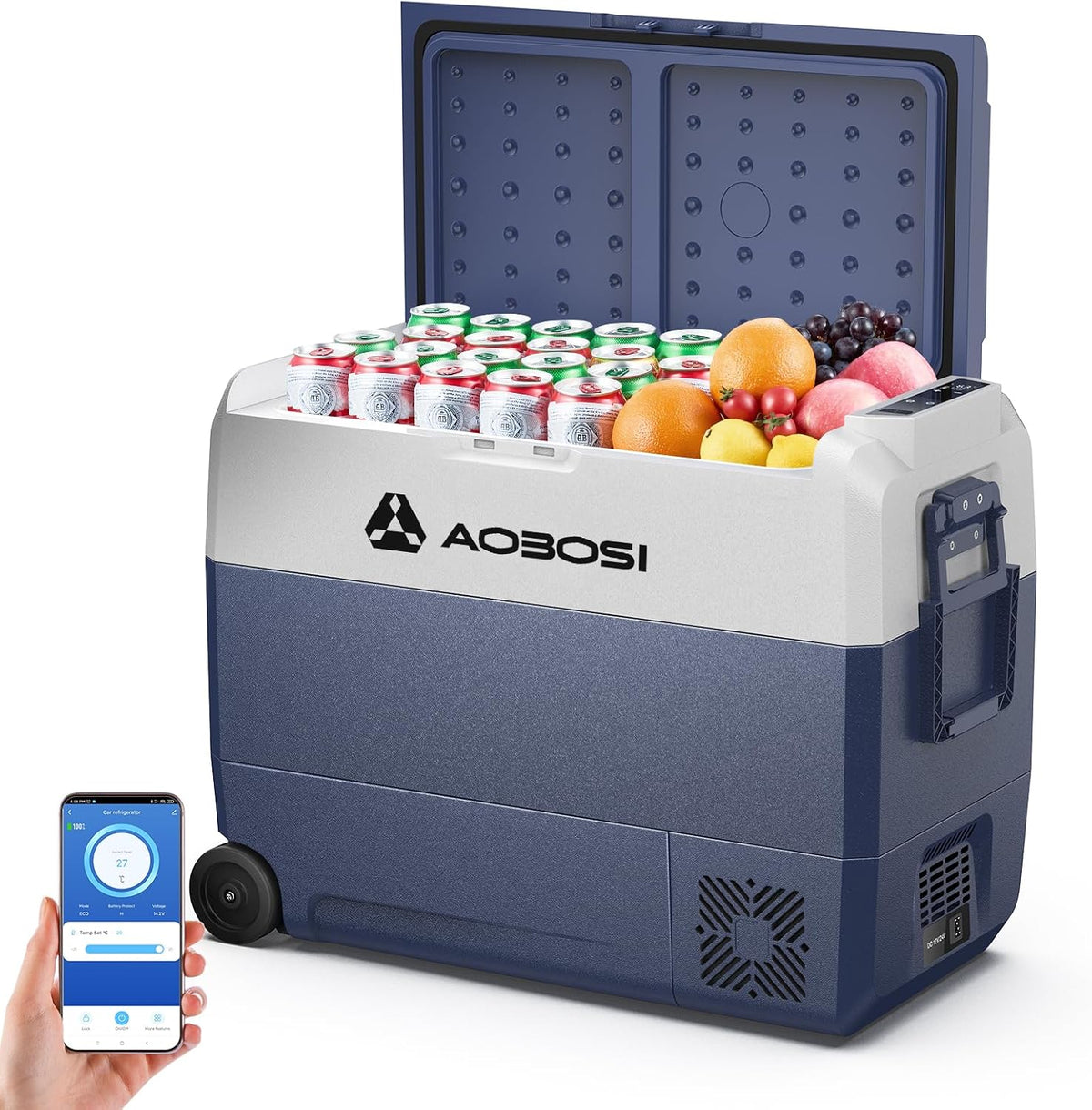 Frigorífico, AAOBOSI, Kompressor, 60 L, 24 V, 240 V, com controlo por aplicação, com rodas, Cinzento / Azul, para uso diário