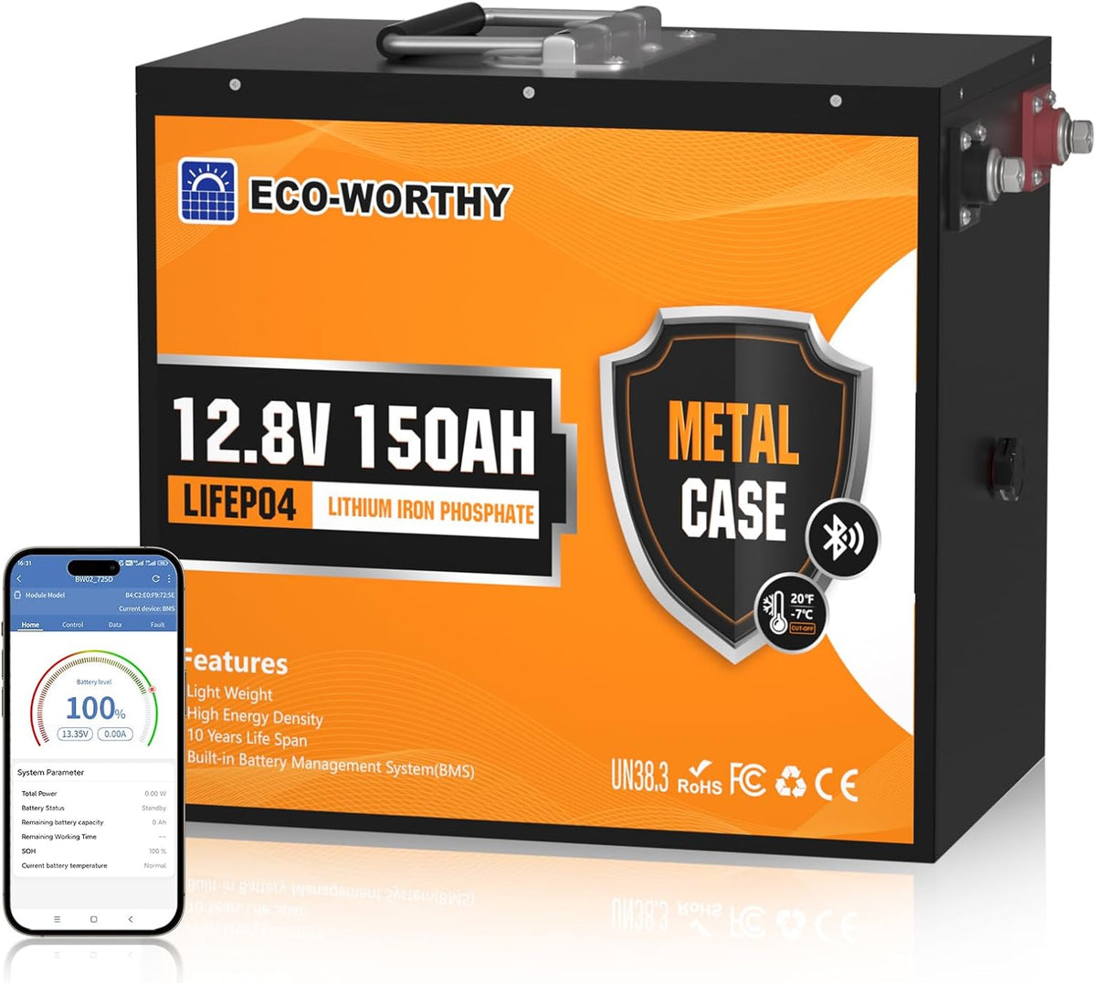 Bateria automóvel, ECO-WORTHY, LiFePO4, 150Ah, 12V, 120A, Preto / Laranja, para uso diário