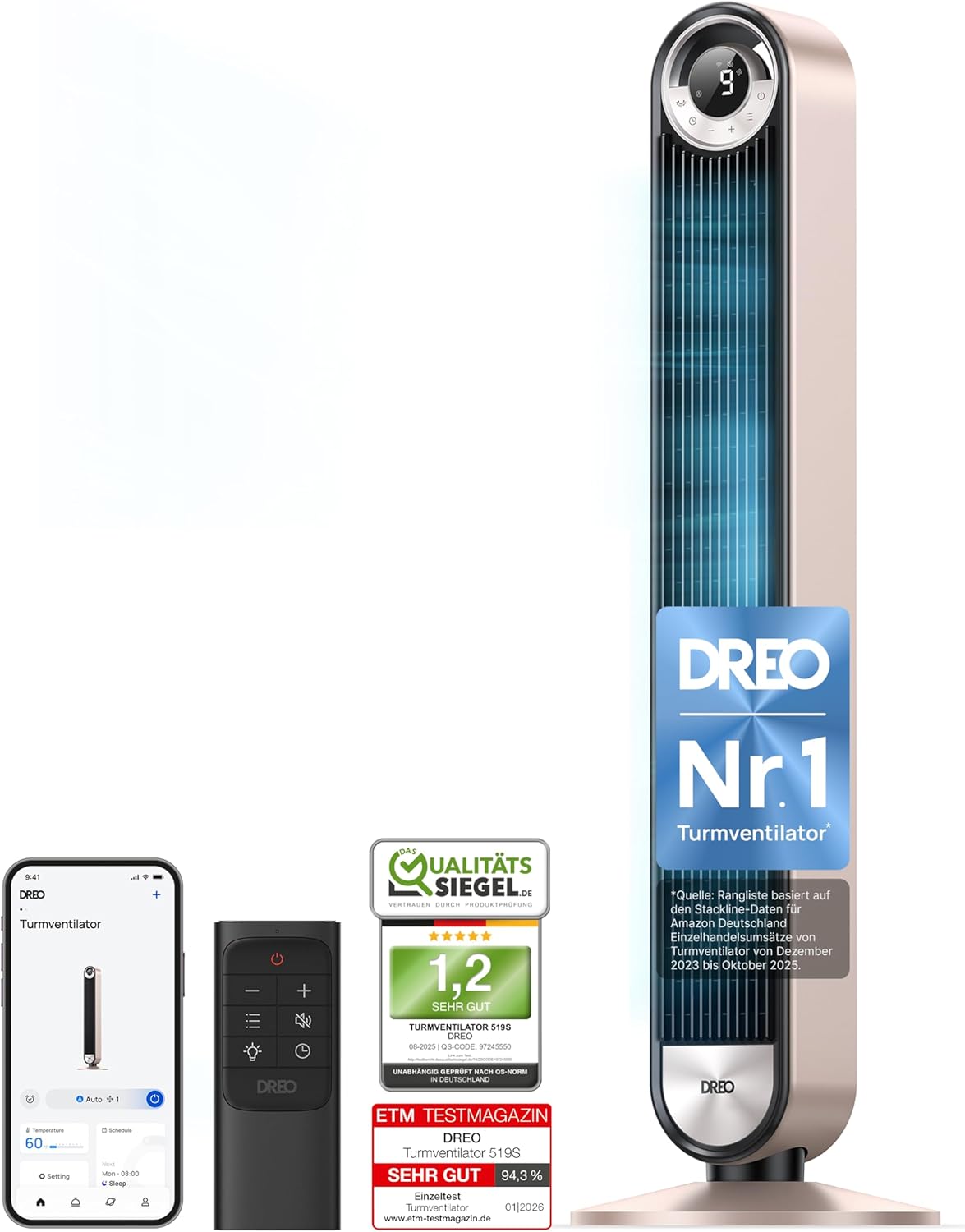 Ventoinha de torre, DREO, 25dB, 106cm, com comando à distância, com temporizador, com controlo por aplicação, Preto / Prateado, para uso diário