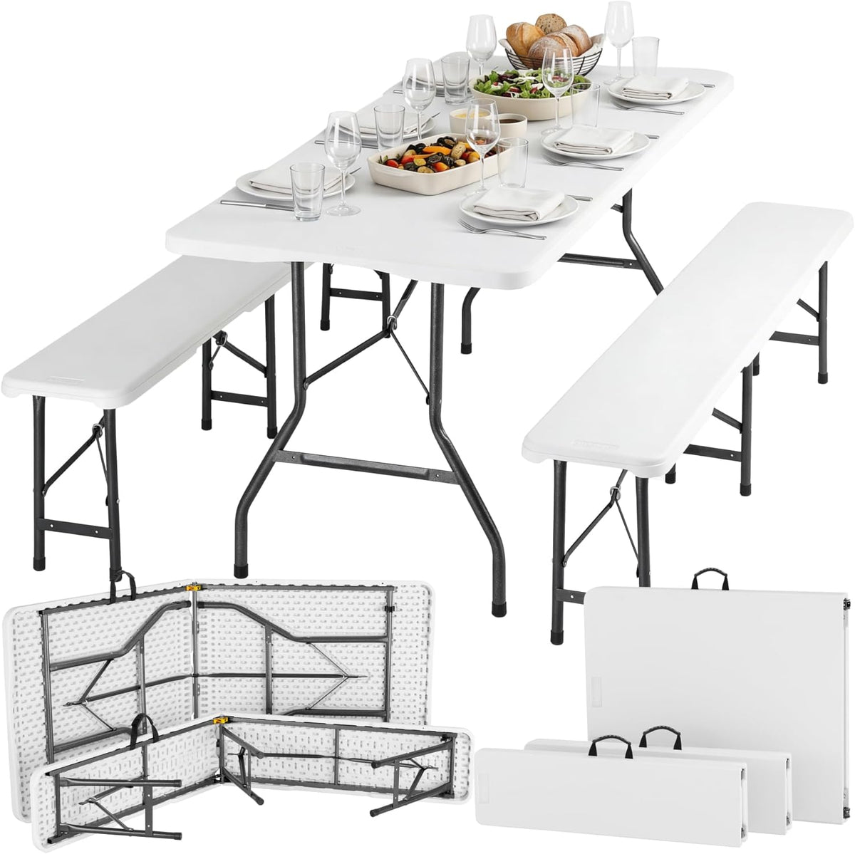 Mesa, tectake, 3-teiliges, 180cm, dobrável, aço, plástico, Branco / Preto, para uso diário
