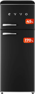Frigorífico combinado, EVVO, 170 L, 45 L, com gavetas, com prateleiras, Preto, para uso diário