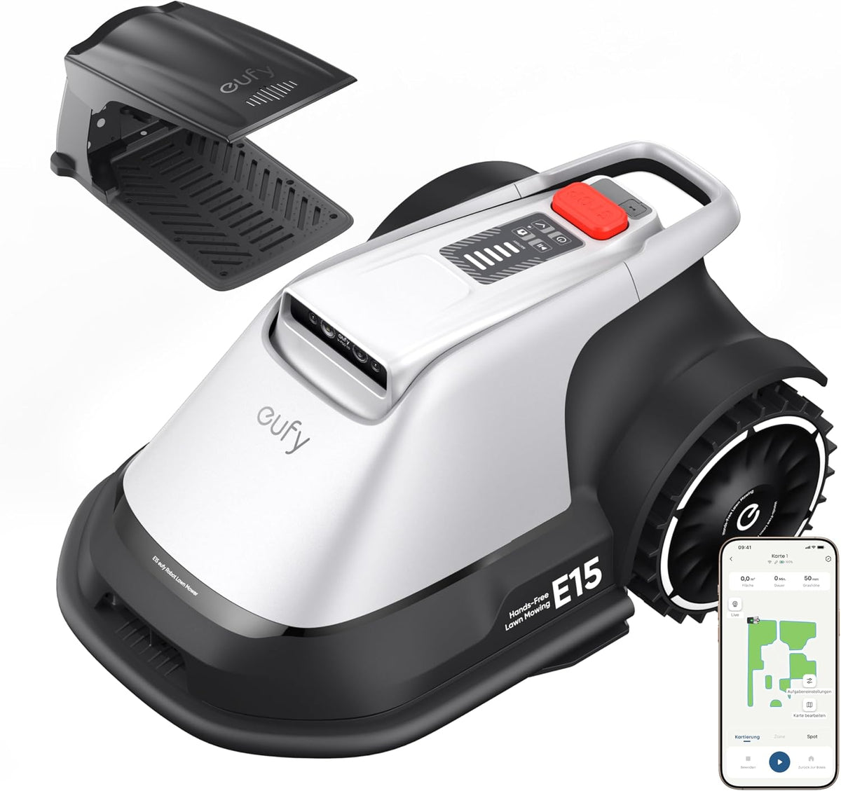 Robô corta-relva, eufy, E15, com controlo por aplicação, aço, Preto / Branco, para utilização no exterior