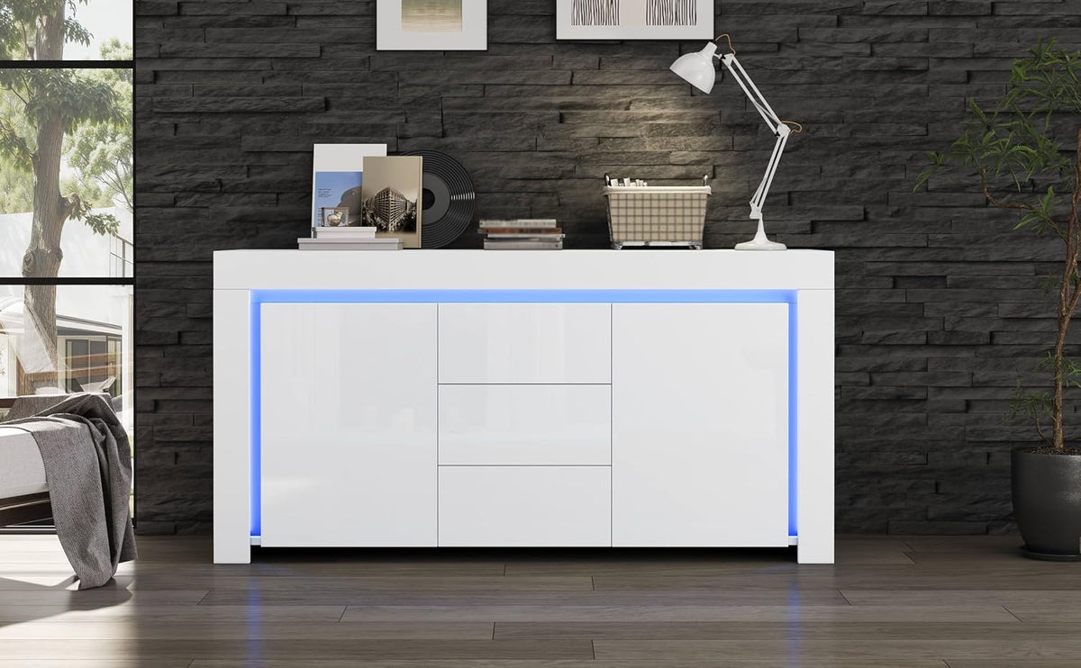 Aparador, QQJIN, 65cm, 50 kg, regulável, com iluminação LED, com gavetas, madeira, Branco, para uso diário