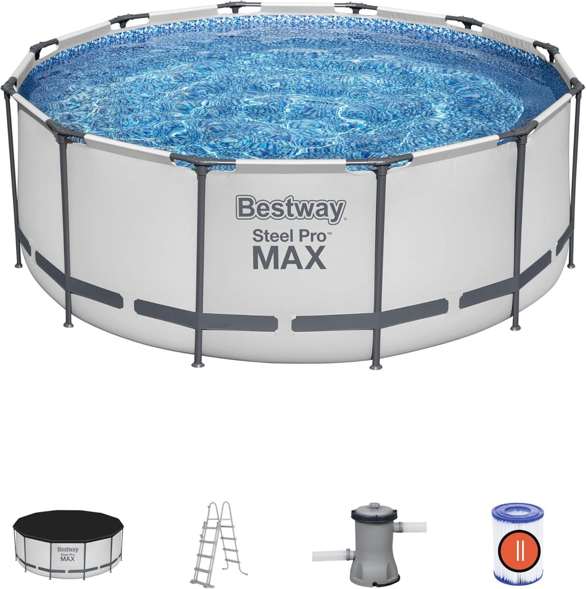 Piscina com estrutura metálica, Bestway, Stahl, 3,66 × 1,22 m, 240 V, aço, Branco / Cinzento, para utilização no exterior