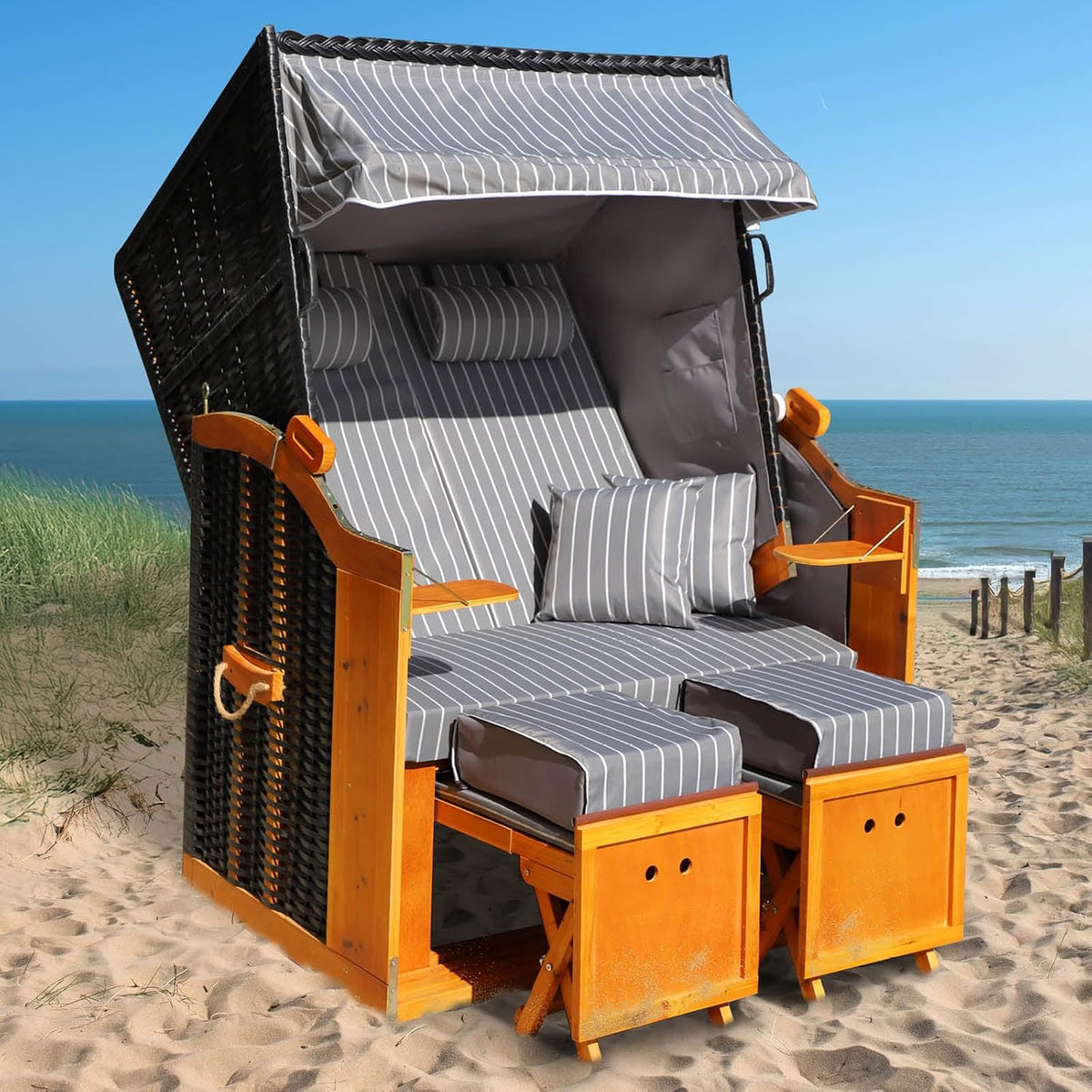 Cadeira de praia, BRAST, Strandkorb, 120cm, 44cm, 48cm, 92 cm, 12cm, dobrável, resistente à água, altura regulável, madeira, ratã, para uso diário