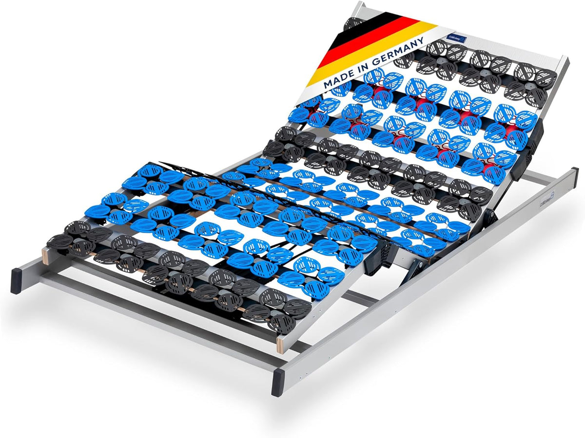 Estrado de cama, CubeSleep, 7-Zonen, 90 × 200 cm, 200 cm, 8,5cm, 140 kg, 180 kg, regulável, madeira, plástico, Azul / Preto / Vermelho, para o quarto