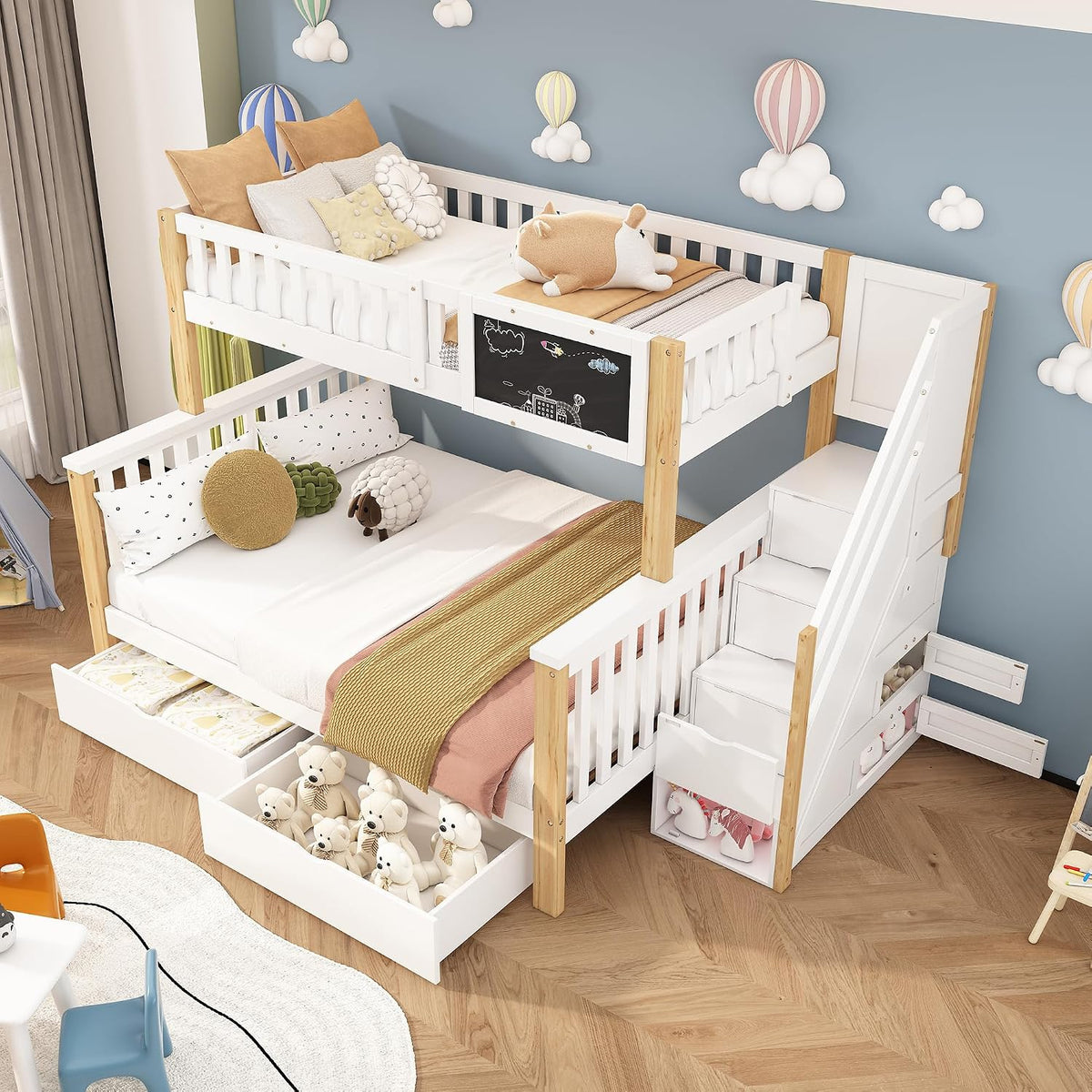 Cama, Gegtuon, Etagenbett, 140 × 200 cm, com gavetas, sem colchão, madeira, Branco / Natural, para o quarto
