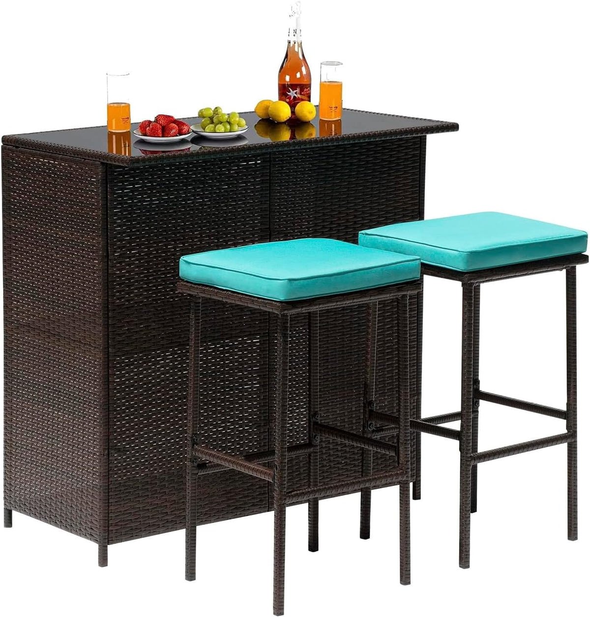 Mesa de bar, Calma Lux, 101 cm, 72 cm, 0,5 cm, 101 × 58 × 101 cm, 40 × 40 × 72 cm, aço, ratã, Castanho / Azul-Verde, para uso diário
