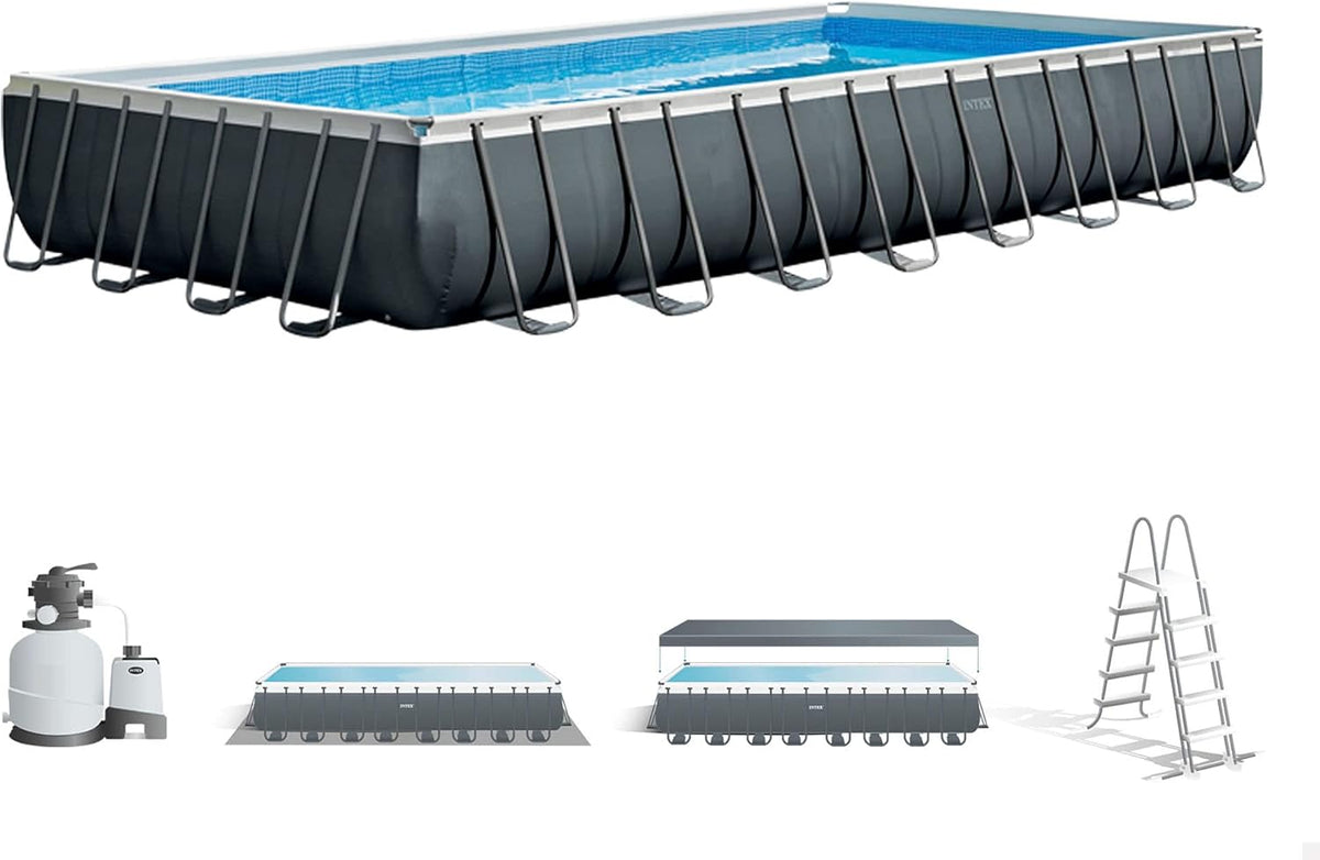 Piscina com estrutura metálica, Intex, 26374NP, 10500 L/h, 54368 L, 975 × 488 × 132 cm, 7.900 l/h, aço, Cinzento / Azul, para utilização no exterior