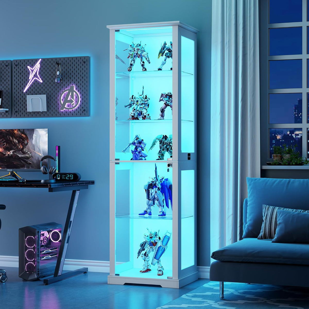 Vitrine, Lvifur, Glasvitrine, 180cm, 40 × 50 × 180cm, com iluminação LED, com portas, Branco, para uso diário