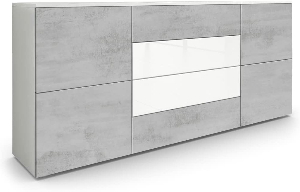 Aparador, Vladon, Sideboard, 35 cm, 166 × 72 × 35 cm, com gavetas, com portas, painel de madeira, Branco / Beton Oxid, para uso diário