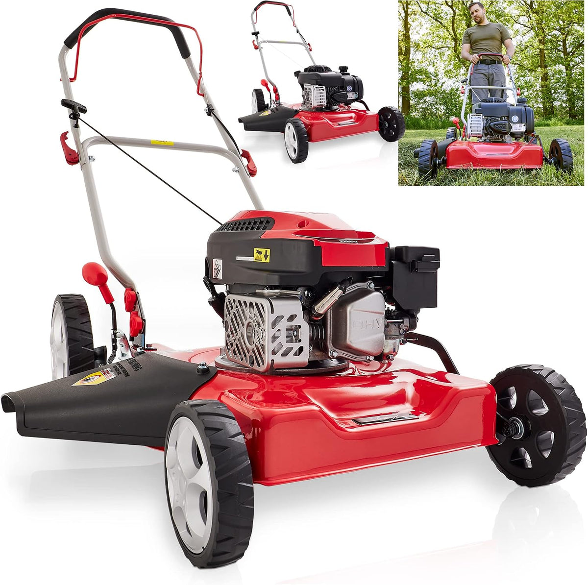 Corta-relva, Hecht, Benzin, 51 cm, 3,6 kW, 5,0 PS, dobrável, com rodas, aço, Vermelho / Preto / Prateado, para utilização no exterior