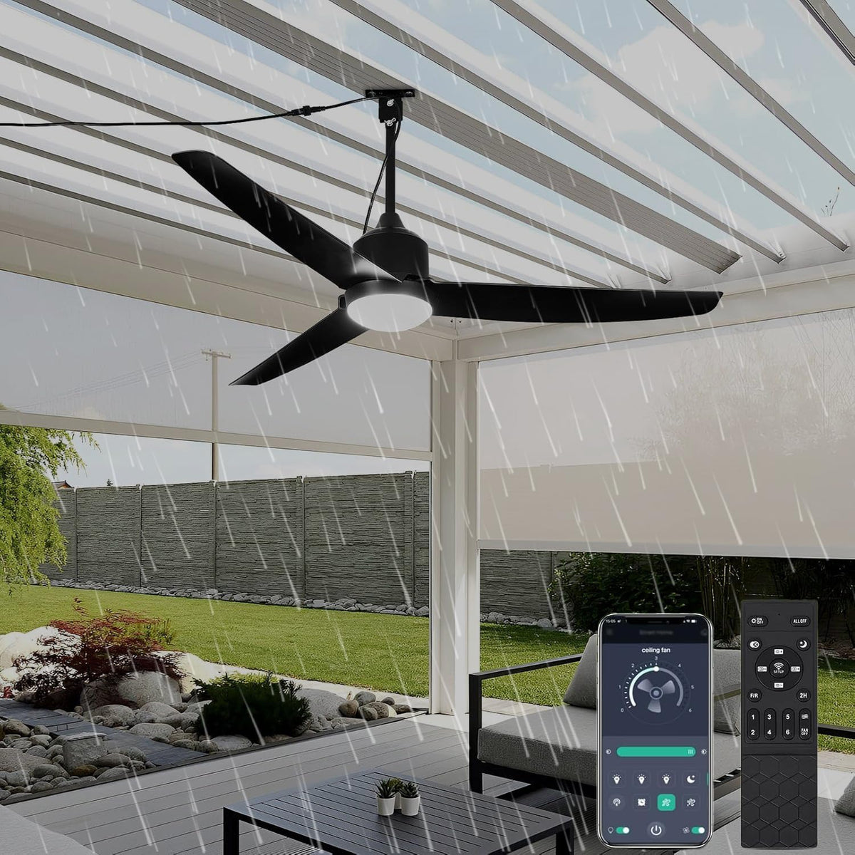 Ventoinha de teto com luz, TRUYOK, IP65, resistente à água, com comando à distância, com temporizador, Preto, para uso diário