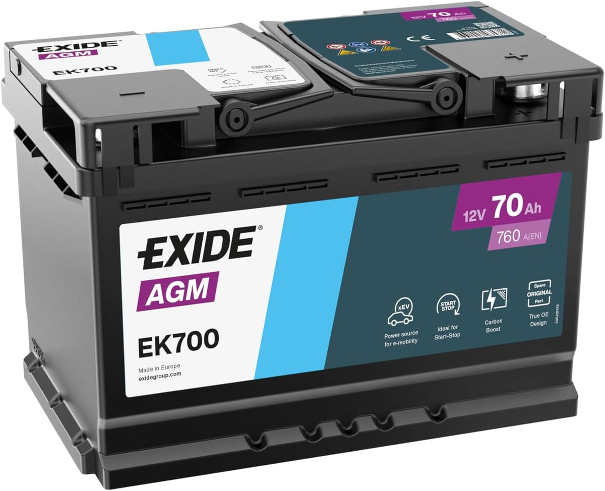 Bateria automóvel, Exide, EK700, 12V, 70Ah, 760A, Preto / Branco / Azul, para uso diário