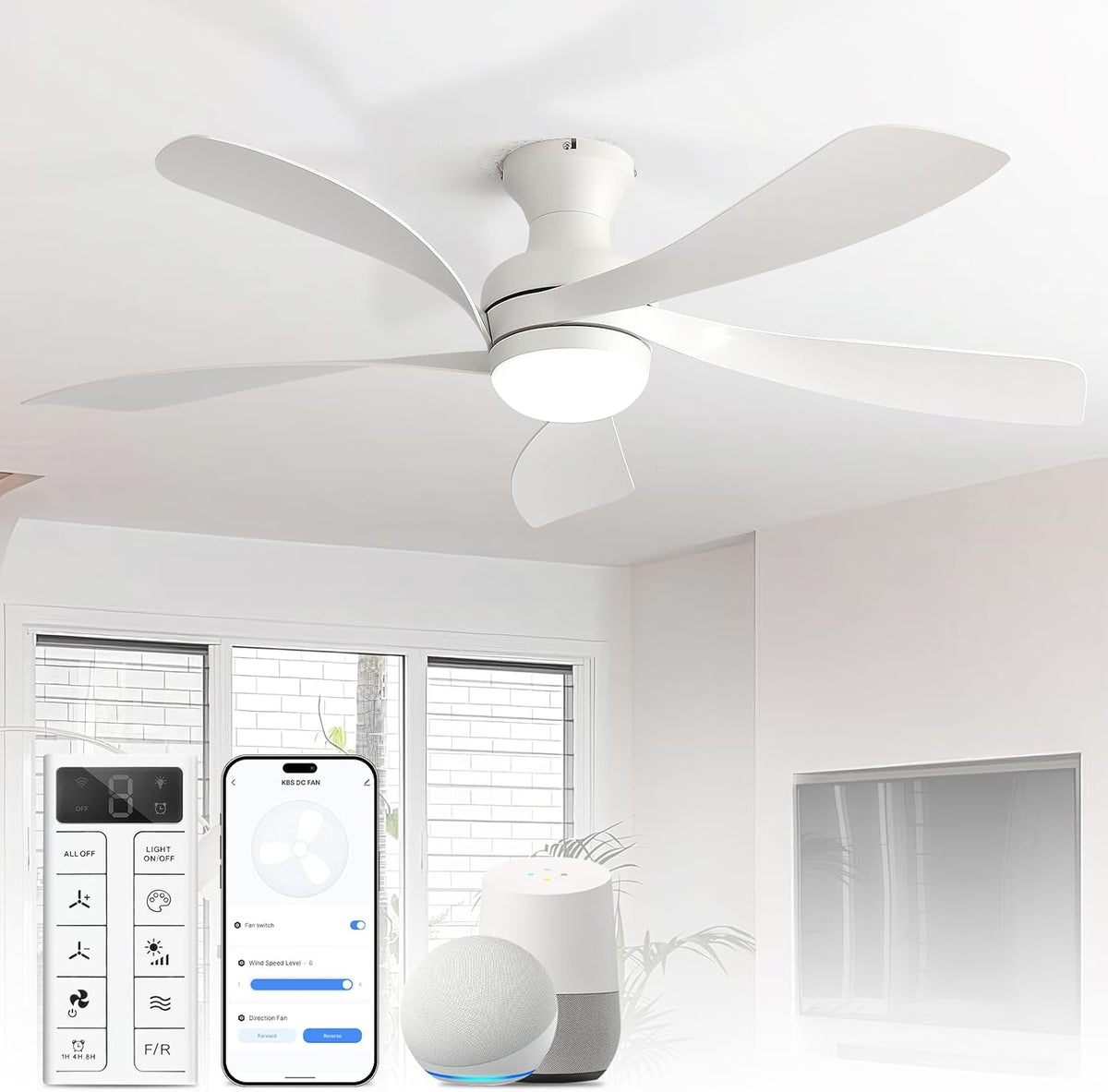 Ventoinha de teto com luz, Sofucor, Smart, 132cm, 18W, com comando à distância, com temporizador, Branco, para uso diário