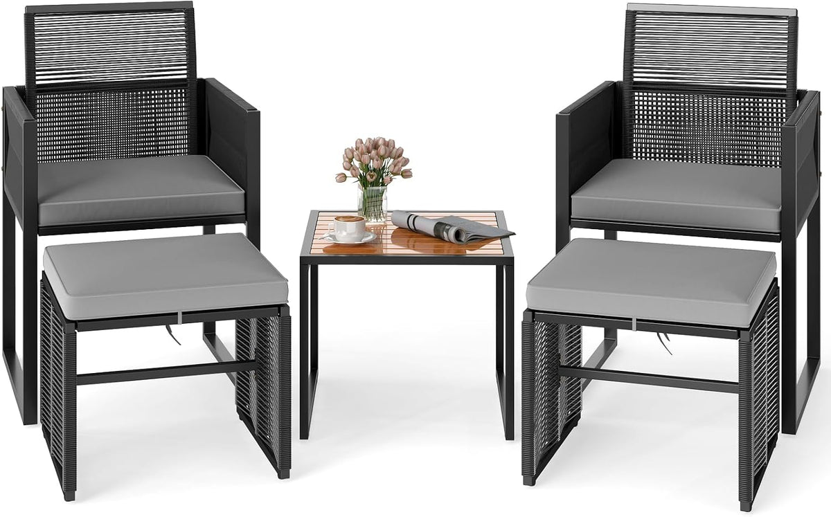 Conjunto de mobiliário de jardim, COSTWAY, 5tlg., 180 kg, dobrável, com portas, madeira, ratã, Preto / Cinzento, para utilização no exterior