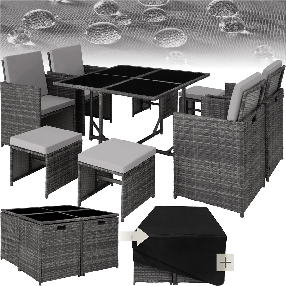 Conjunto de mobiliário de jardim, tectake, Lounge, com portas, ratã, Cinzento / Preto, para utilização no exterior