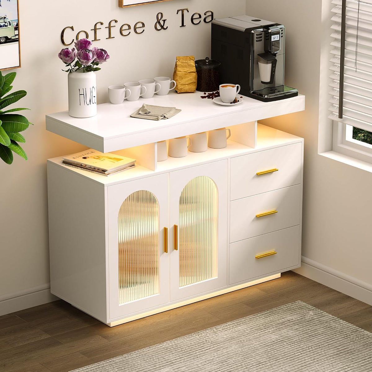 Aparador, FREDEES, 100cm, 40cm, 80cm, com gavetas, com portas, madeira, Branco / Dourado, para uso diário