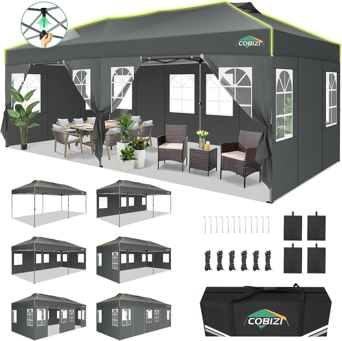 Tenda de jardim, COBIZI, Faltpavillon, 262.2 cm, 280.2 cm, 298.2 cm, dobrável, resistente à água, altura regulável, tecido, Cinzento