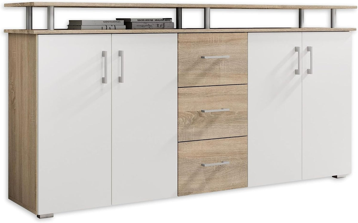 Armário de arrumação, Stella Trading, Highboard, 38 cm, 178 × 90 × 38 cm, com gavetas, com prateleiras, com portas, Branco / Eiche, para uso diário