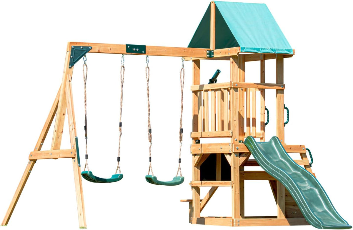 Equipamento infantil de exterior, DOLPHIN PLAYGROUND T, Schaukelgestell, 200 kg, 3,40 × 2,88 m, madeira, Verde / Natural, para utilização no exterior