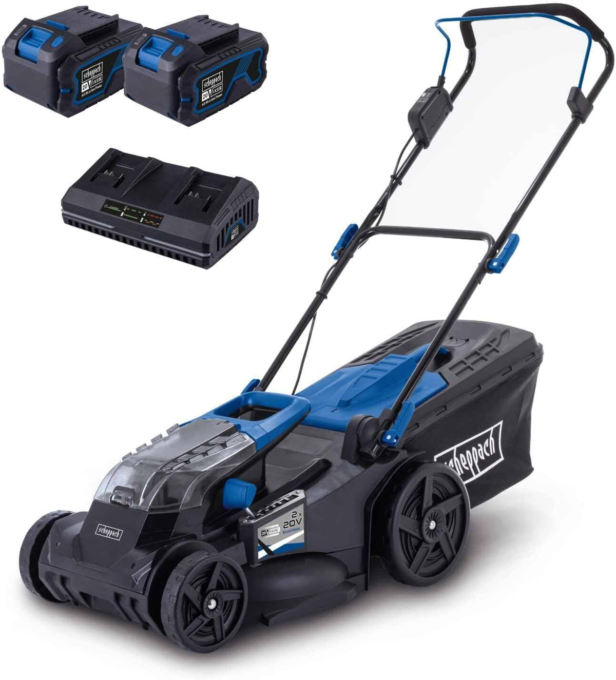Corta-relva, Scheppach, BC-MP430-X, 43cm, 50L, 20V, 4Ah, dobrável, altura regulável, regulável, Azul / Preto, para utilização no exterior