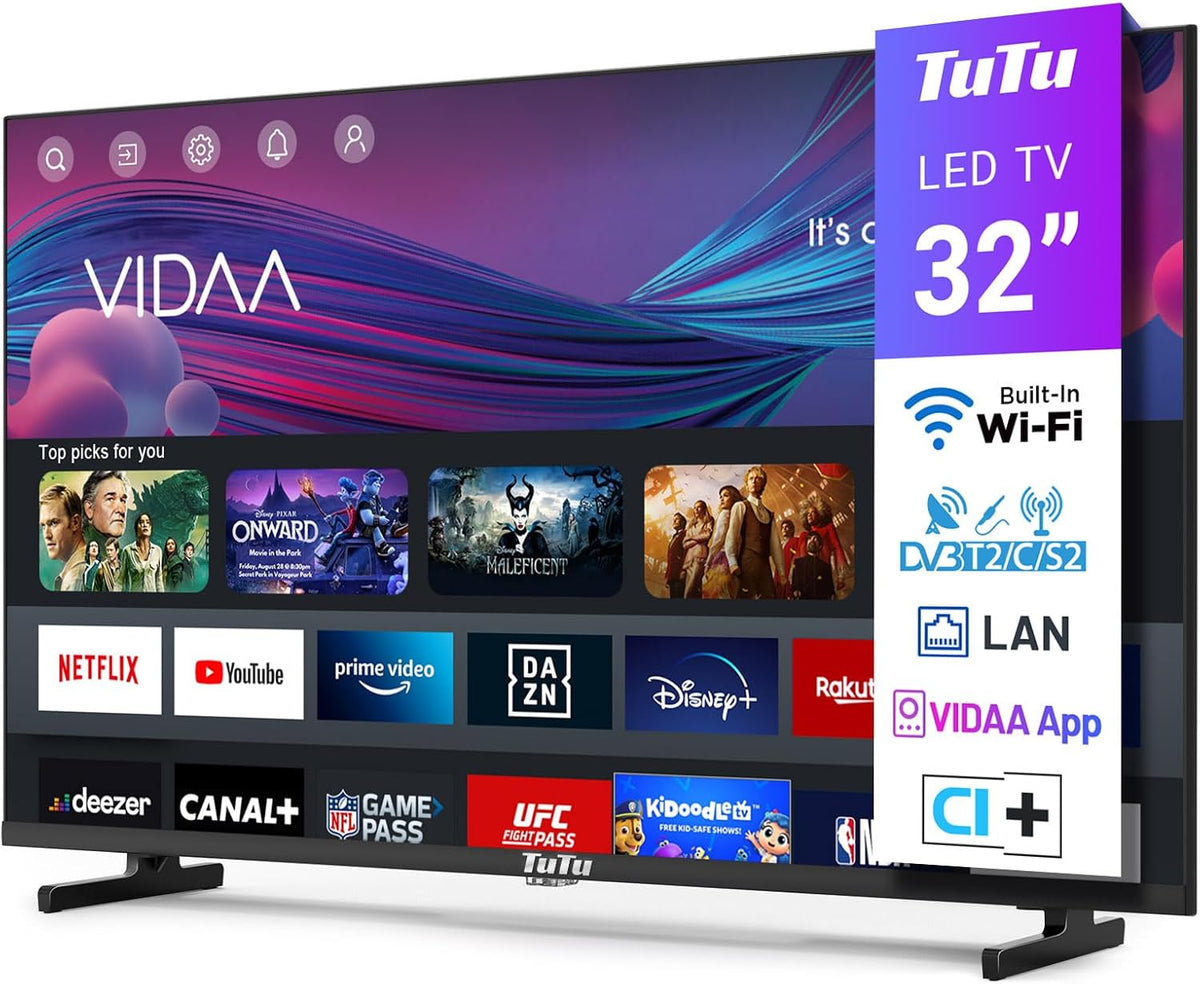 Televisor portátil, TuTu, TUV32HQ1B, 12 kg, com comando à distância, com iluminação LED, com controlo por aplicação, plástico, Multicolor, para a sala