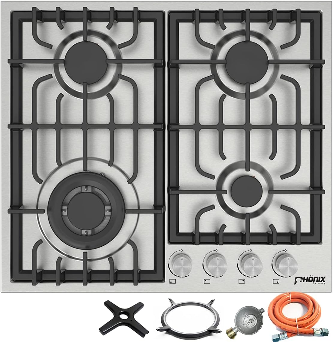 Placa de cozinha, Phönix Germany, PS-604L, 604L, 60cm, 7.80 kW, 1,75 kW, 3.3 kW, aço inoxidável, aço, Prateado / Preto, para a cozinha