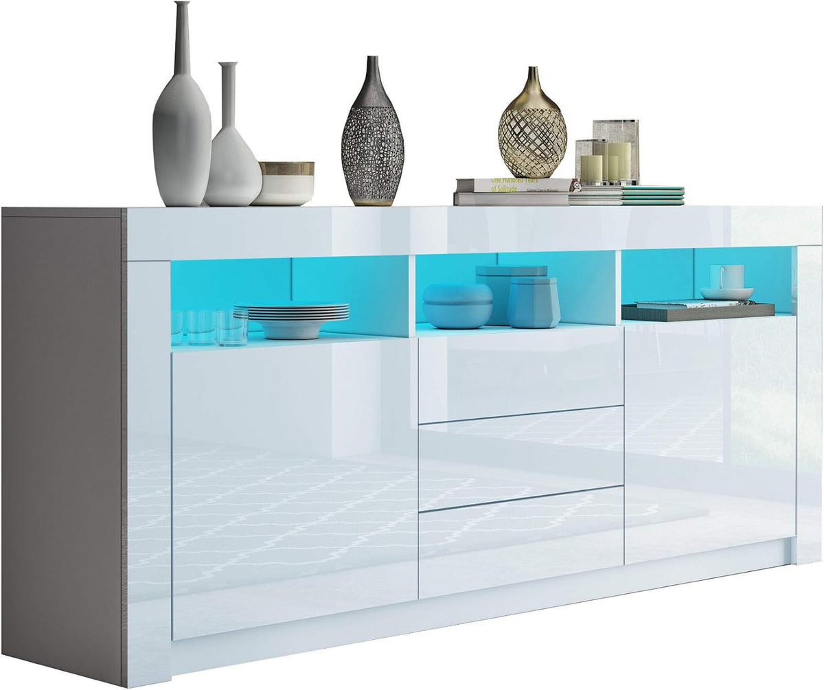 Aparador, Ikewaier, 160cm, 160 × 35 × 72cm, com iluminação LED, com gavetas, com portas, painel de madeira, Branco / Cinzento, para uso diário
