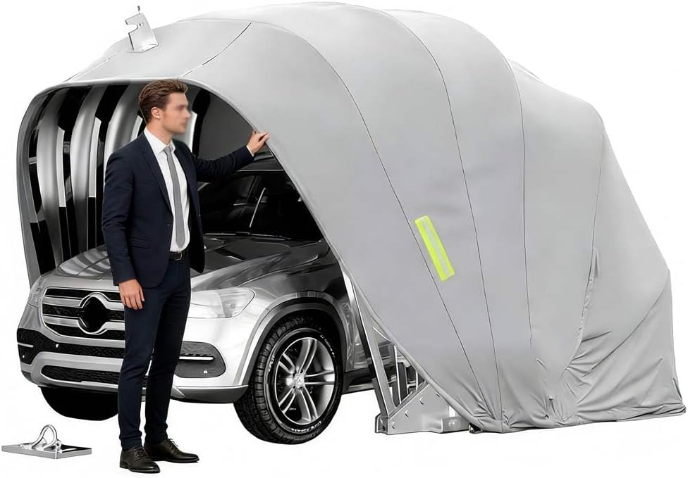 Abrigo para automóvel, BEDCKCC, 5.9 X 2.7 X 2.45 M, resistente à água, com rodas, aço inoxidável, aço, Cinzento, para utilização no exterior