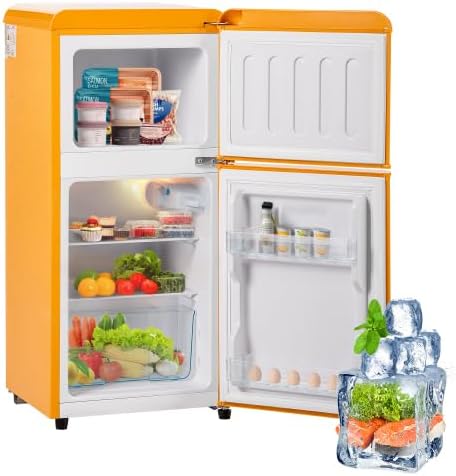 Frigorífico combinado, Emmtore, 5 cm, 60 L, 22 L, Classe E, com iluminação LED, com prateleiras, Vermelho, para uso diário